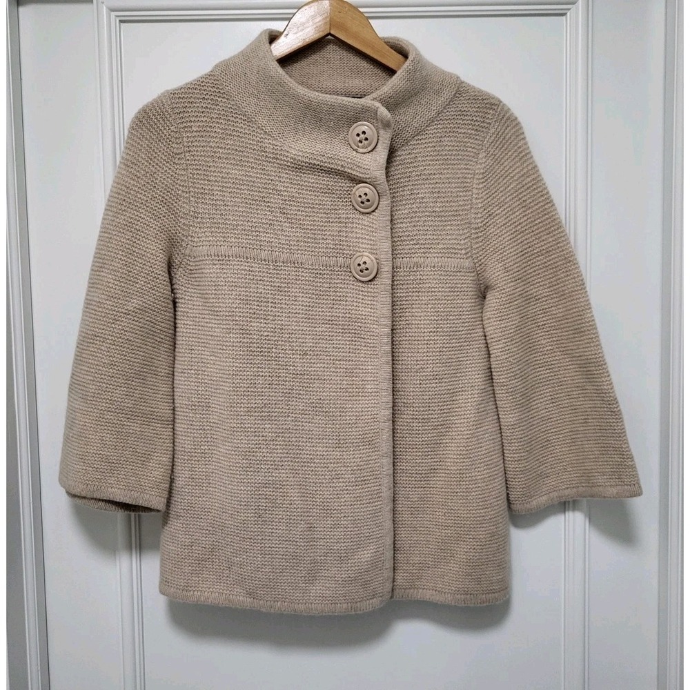 Beige Lambswool Angora Blend 3/4 Flare Sleeve Aline Cardigan Sweater M